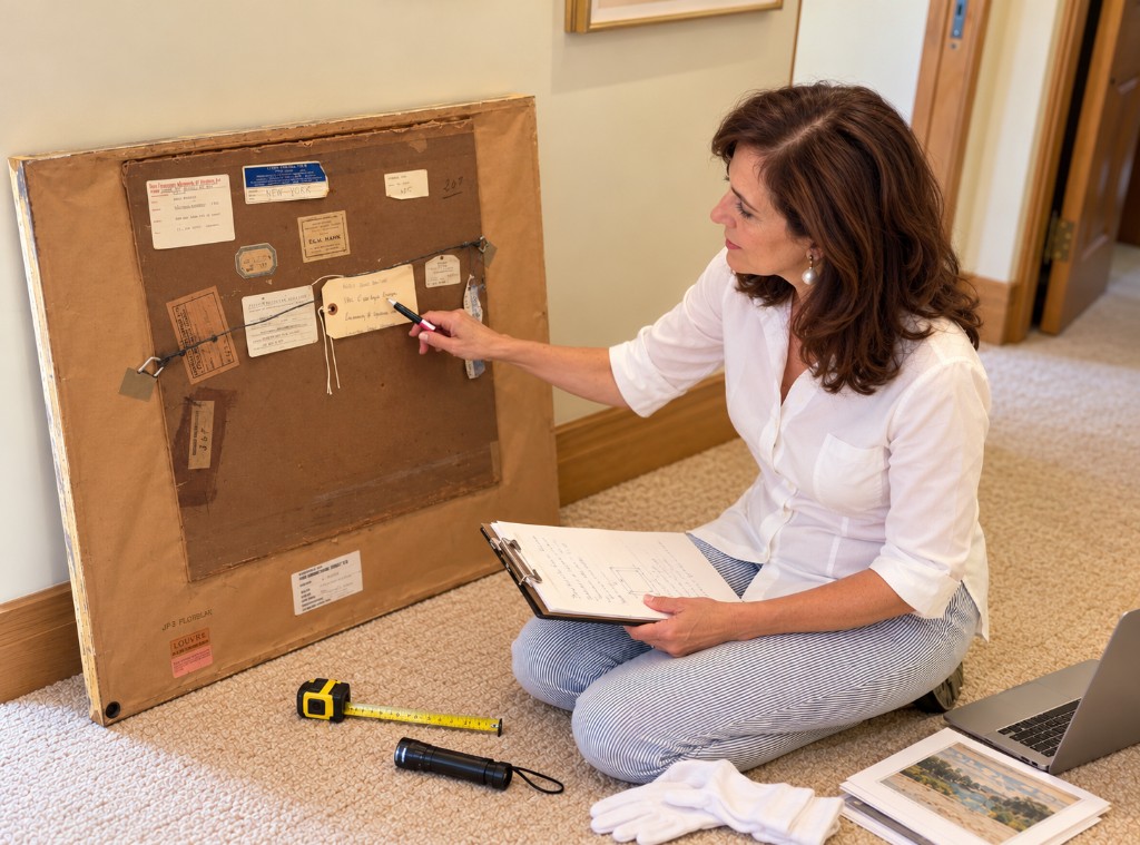 Appraiser examining exhibition and provenance labels on the reverse of a framed painting